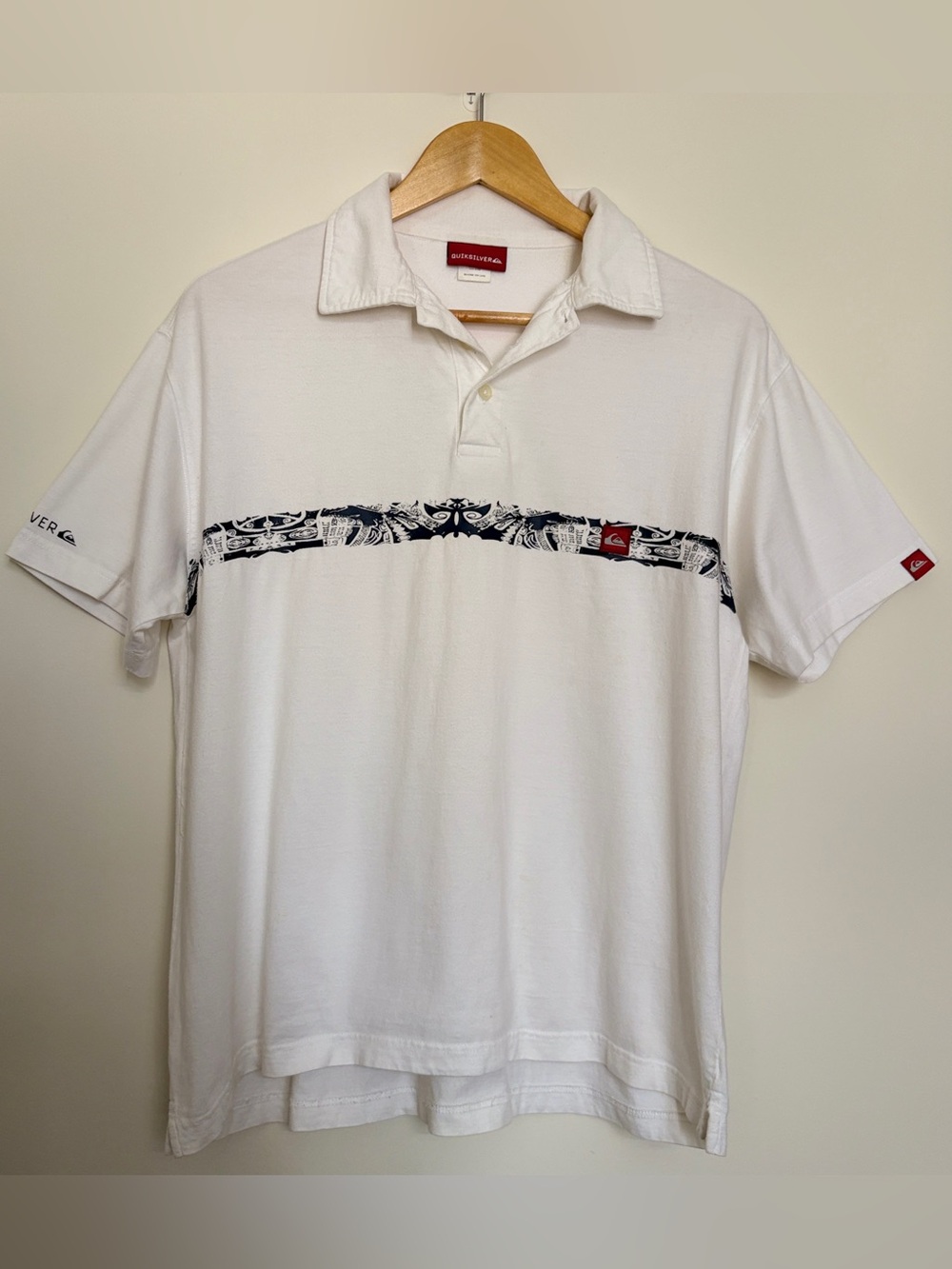 Vintage 90s Quiksilver The Crossing Surf Polo Shirt White Tribal Men's S